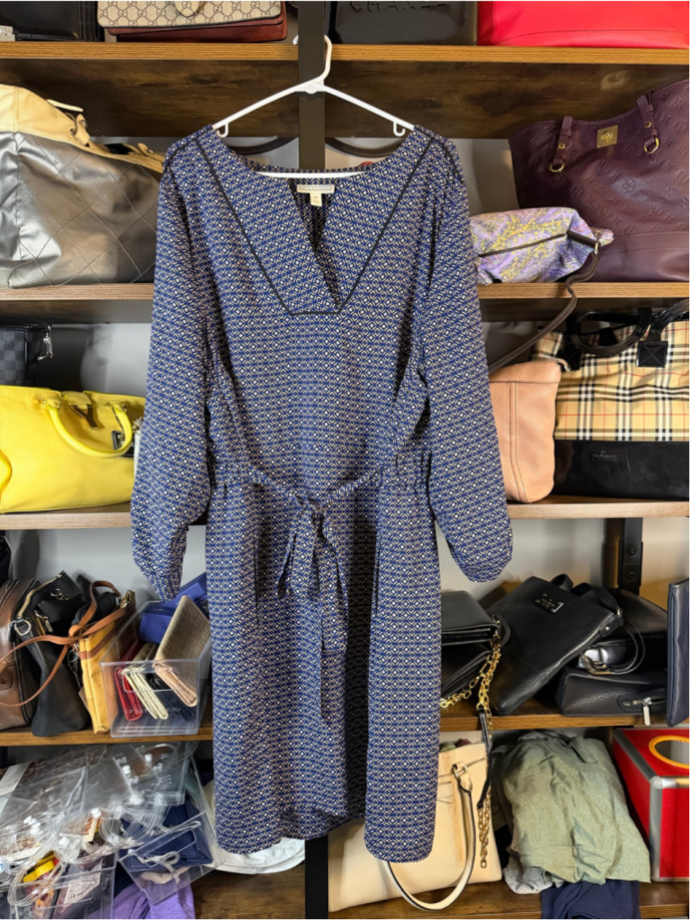 Women's Dana Buchman Long Sleeve Dress Blue Black Geometric Print Size 2X